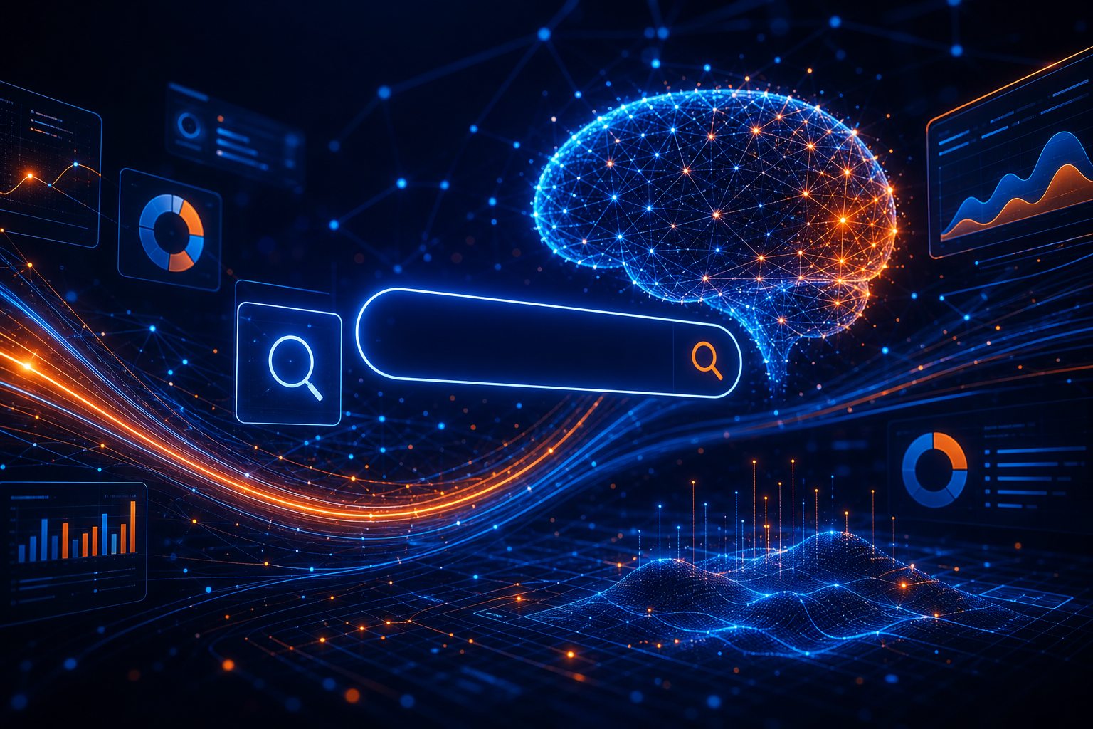 Premium AI search and digital marketing illustration with neural networks, search engines, and data visualization in blue and orange technology style