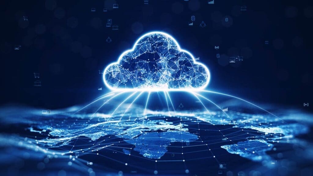 Professional cloud computing illustration showing global cloud infrastructure connectivity and enterprise network technology