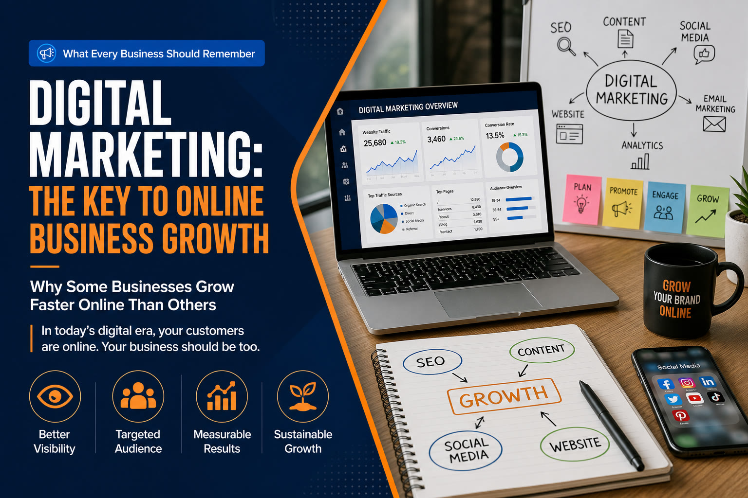 Digital marketing featured graphic showing analytics dashboards, a marketing strategy notebook, and growth pillars including visibility, audience targeting, measurable results, and sustainable growth