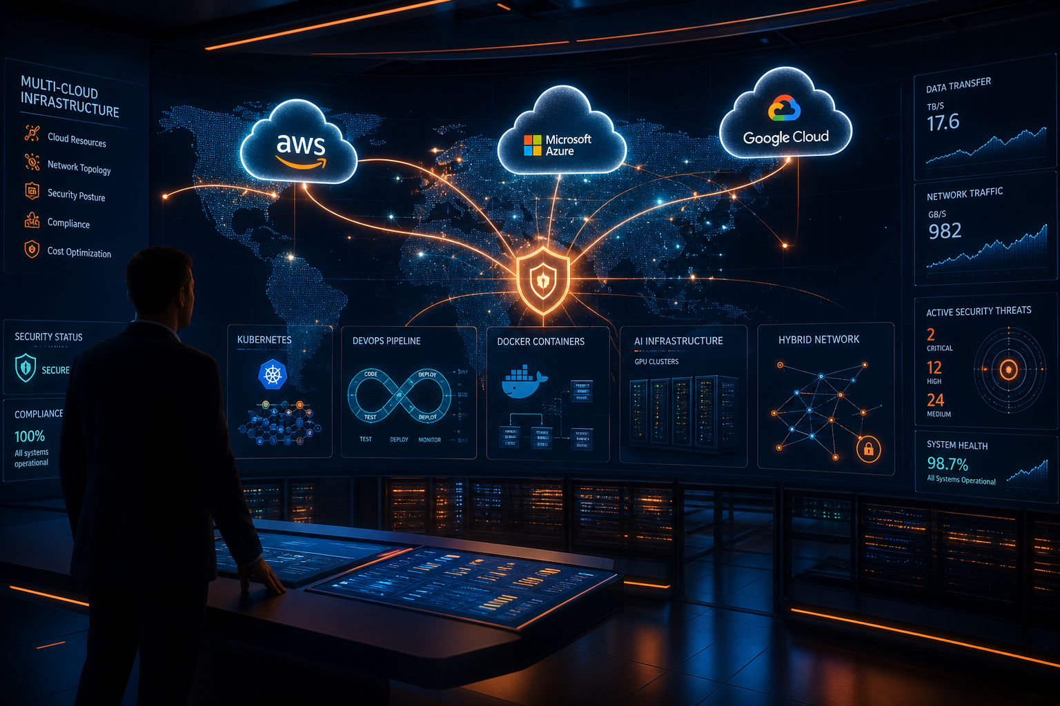Premium enterprise multi-cloud and hybrid cloud infrastructure with AWS, Azure, Google Cloud, Kubernetes, DevOps pipelines, cybersecurity shields, and orange-accent data flows across a digital world map