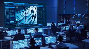 Security operations center with multi-screen SOC monitoring