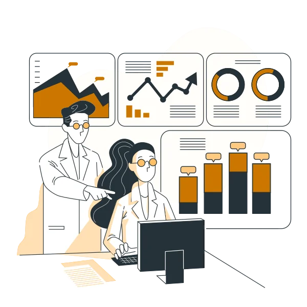 Analytics dashboard illustration with charts, pie graphs and reporting metrics