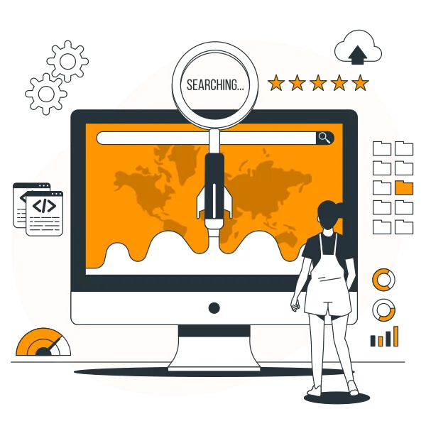 SEO illustration with search results, magnifying glass and ranking analytics graph