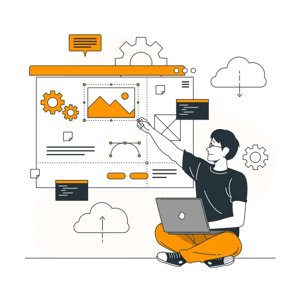 Website builder illustration with code editor and responsive design interface