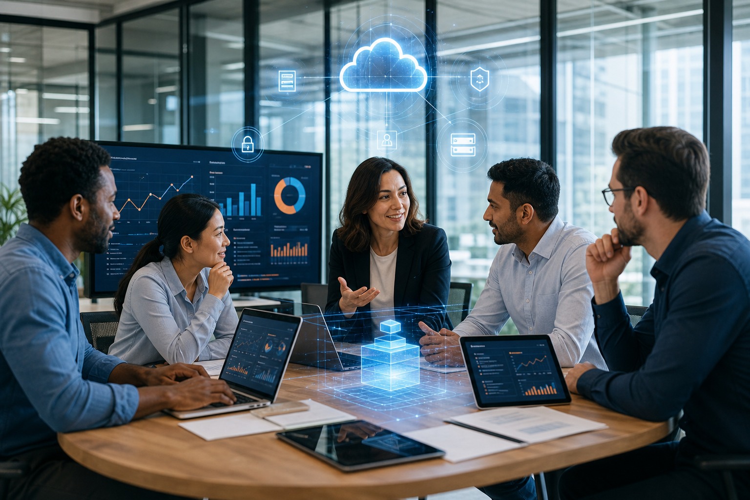 Business team collaborating with cloud technology dashboards, analytics screens, and enterprise collaboration